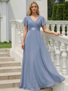 EVERPRETTY Elegant Solid Color Butterfly Sleeve Cinched Waist Chiffon Blue Bridesmaid Dress, Suitable For Weddings, Parties, Anniversaries And Other Formal Occasions In Spring And Summer - Dusty Blue - View 7