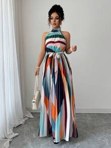 Robe d'été élégante et décontractée pour femmes, sans manches, avec ceinture et plissée, idéale pour la plage et les voyages - Multicolore - Voir 3