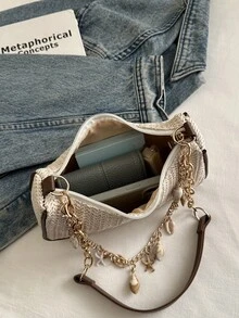 Túi đeo chéo mini bằng rơm phối nhiều mảnh thời trang, túi đeo vai nhẹ kiểu retro tối giản, túi du lịch có dây xích không kèm mặt dây chuyền. - Màu be - Xem 8
