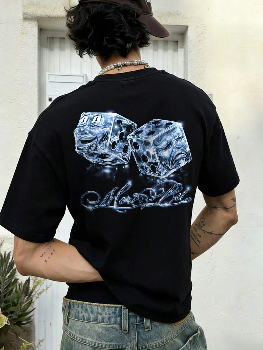 Áo thun nam tay ngắn phong cách đường phố rock rap thời trang thường ngày Fractyr | In hình xúc xắc pha lê | Thiết kế tinh tế | Hàng mới về mùa xuân/hè | Dễ phối đồ, đa năng | Món quà hoàn hảo cho bạn bè | Thể hiện cá tính độc đáo - màu đen - Xem 1