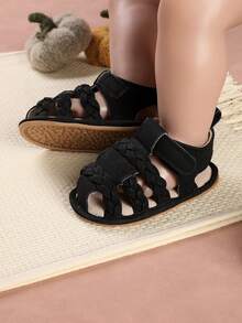一双婴儿鞋，编织条纹设计，平底简约百搭凉鞋，适合夏季穿着 - 黑色 - 查看 4