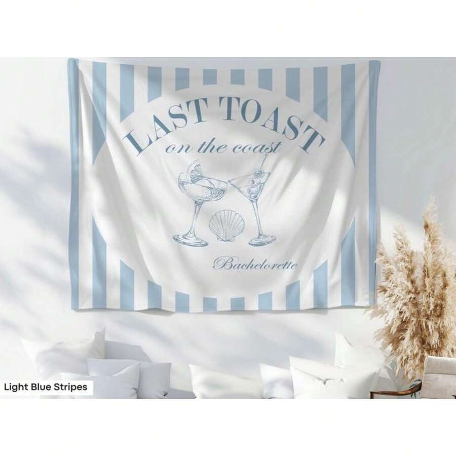Beach Bachelorette Party Banner Decor Last Toast On The Coast Tapestry Sign Seashell Cocktail Martini Bach Weekend Photo Backdrop, Can Be Used As Wall Hanging, Room Decor, Bachelorette Party Decor, Photography Background Indoor Tablecloth Decor - Blue - 查看 1