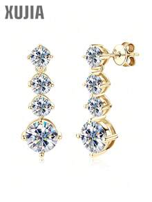 XUJIA 1 Pair 925 Sterling Silver Women's Moissanite Pendant Earrings, 8mm*2pcs Round Moissanite, Paired With 5mm Cubic Zirconia, 925 Silver Teardrop Earrings, Engagement, Wedding, Anniversary, Birthday Gift Jewelry For Her - Yellow Gold - View 2