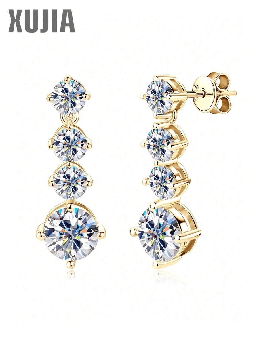 XUJIA 1 Pair 925 Sterling Silver Women's Moissanite Pendant Earrings, 8mm*2pcs Round Moissanite, Paired With 5mm Cubic Zirconia, 925 Silver Teardrop Earrings, Engagement, Wedding, Anniversary, Birthday Gift Jewelry For Her