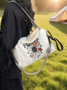 新款休閒單肩斜跨包 大容量百搭尼龍刺繡花卉圖案戶外運動包 女款單肩托特包 - 彩色 - 查看 3