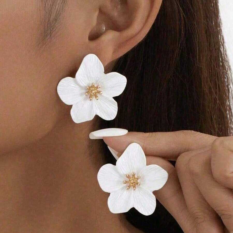 1 Pair Exquisite Multicolor Dopamine Inspired Golden Floral Stud Earrings For Women, Wedding Gift - Nhiều màu - Xem 1
