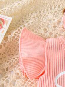 2pcs Newborn Baby (Girl) Cute Letter Print Flutter Sleeve Ribbed Romper + Shorts Set, Lightweight Summer - Pink - View 6