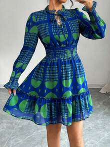 Women's Short Chiffon Dress With Neck Detail - Blue - View 1