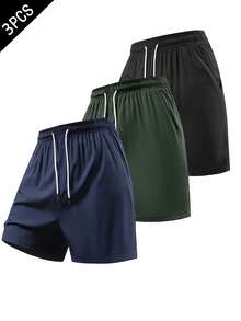 3pcs Men's Casual Shorts, Lightweight Solid Color Elastic Waist Shorts For Daily, Hiking, Outdoor, Running, Sports Black - Black - View 3