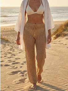 Beach Cover-Up Wide-Leg Knit Pants | High Waist | Summer Fashion 2026 - 深米色 - 查看 2