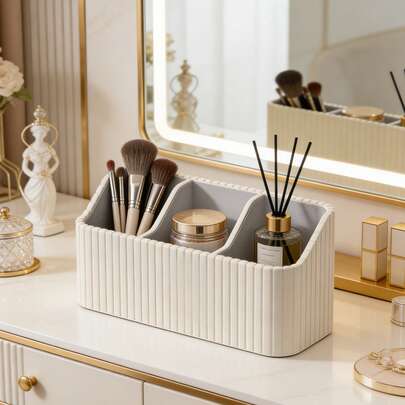 Luxury PU Leather Storage Box | Cream White + Gold Plated | Vanity Organizer With 3 Compartments For Makeup Brushes | Desktop Skincare And Cosmetics Organization Essential
