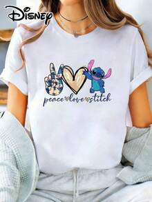 Loose Fit Crew Neck T-Shirt | Disney Lilo & Stitch "Peace Love Stitch" Theme | Vacation Wear. Made From Soft, Comfortable, And Durable Fabric, This Is An Ideal Choice For Spring And Summer. This Crew Neck T-Shirt Is Suitable For A Variety Of Occasions, Including Everyday Wear, Shopping, Parties, Travel, And Gatherings, And Also Makes A Thoughtful Gift. - 白色 - 查看 1