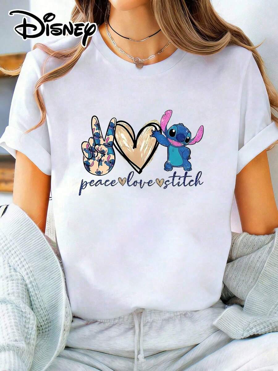 Loose Fit Crew Neck T-Shirt | Disney Lilo & Stitch "Peace Love Stitch" Theme | Vacation Wear. Made From Soft, Comfortable, And Durable Fabric, This Is An Ideal Choice For Spring And Summer. This Crew Neck T-Shirt Is Suitable For A Variety Of Occasions, Including Everyday Wear, Shopping, Parties, Travel, And Gatherings, And Also Makes A Thoughtful Gift. - 白色 - 查看 1