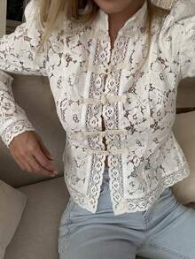 2026 Women's Summer Mesh Lace Flower Shirts Puff Long Sleeve Button Down Blouse Spring Slim Fit Elegant Vintage Top Party Daily Streetwear - 白色 - 查看 5