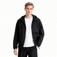 Áo khoác nam mùa hè dáng rộng, chất liệu lụa băng, có mũ, nhẹ, màu đen. - màu đen - Xem 2