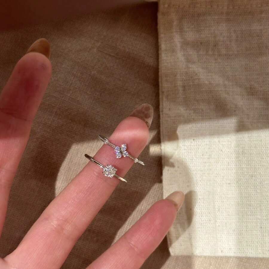 1枚素面四叶花戒指，心形素面戒指，小众设计复古奢华优雅可调节开口戒指 - 彩色 - 查看 1