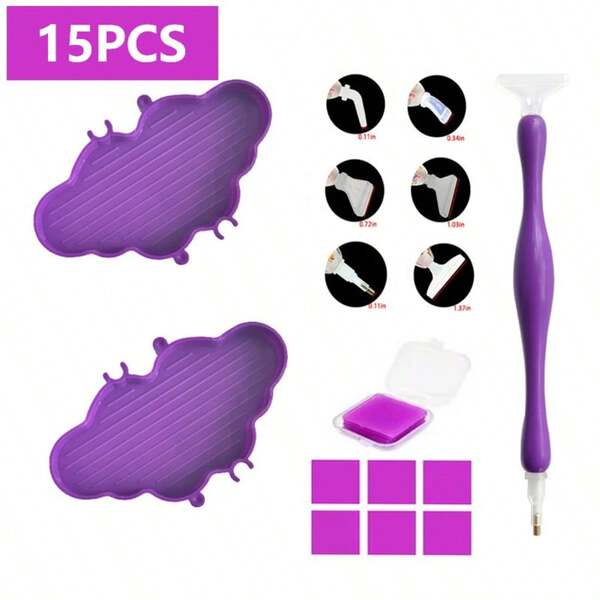 15 piezas Juego de herramientas para pintura de diamantes morada, bolígrafo para pintura de diamantes, bandeja morada, pegamento, accesorios para pintura de diamantes 5D, bordado de cruz, manualidades DIY
