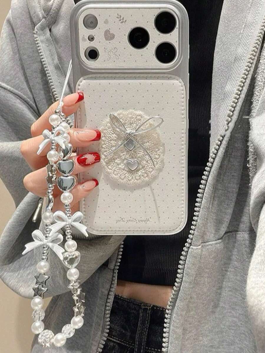 Ốp điện thoại thiết kế nơ ren chấm bi ngọt ngào, tương thích với iPhone 17 Pro, 16 Pro Max, 15 PM có cửa sổ lớn, 17, 14 PM có dây xích, 15 da, 16 bao phủ toàn màn hình. - trắng - Xem 1