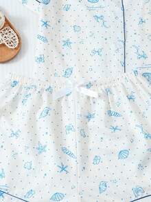 女士两件套睡衣，贝壳印花翻领纽扣上衣和蝴蝶结短裤，家居服和休闲服 - 白色 - 查看 6