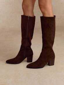 Tropiscape Fall/Winter Korean Style Minimalist Over-The-Knee Boots, Elastic Suede Skinny Boots With Side Zipper Pointed Toe High Heels - Brown - View 3