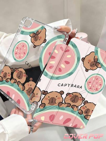 Capybara 1pc Watermelon Capybara Tablet Protective Case, Compatible With Apple 10.2" / Pro 11" 2020/2021, 10 2022(10.9-Inch), (A16) 11" 11th Gen 2025, 9th/10th Gen, Apple Air 4th 10.9", Galaxy Tab S6 Lite 10.4", Kindle (11th Generation-2024 Release)/, Anti-Drop, With Pencil Slot, Sleep/Wake Support, Romantic Gift For Friends And Family