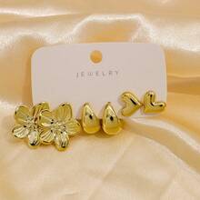 3 Pairs Women's Gentle Personality Geometric Teardrop, Flower, Heart Shaped Earring Set, Jewelry Gift - Yellow Gold - View 2