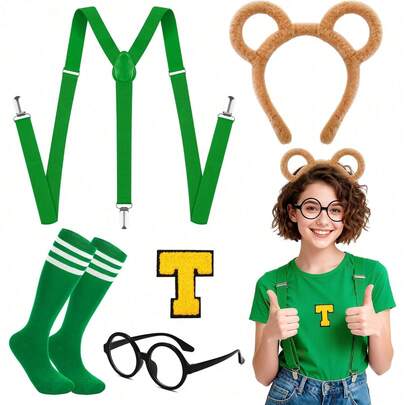 5件套成人花栗鼠服装套装，包括花栗鼠主题连衣裙、条纹袜、花栗鼠头箍、眼镜、字母A贴片和Y型背带，以及花栗鼠服装背带，适合万圣节和世界读书日穿着。