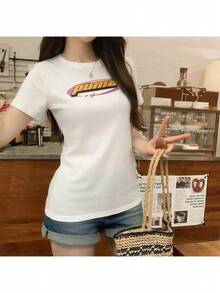 PUMA Logo Print Running Short-Sleeved T-Shirt For Women, White - White - View 2