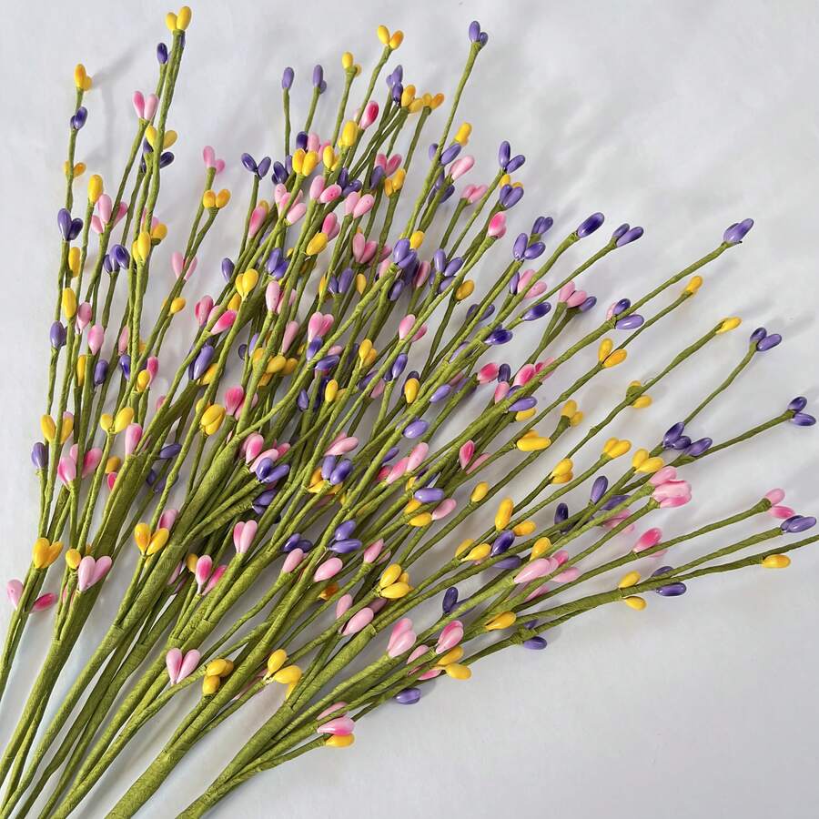 6支多色混纺手工扭曲高仿真柔和色调泡沫+金属丝结构复活节人造珠枝；清新春日，实心花枝设计+天然逼真的人造浆果枝，是手工DIY装饰、花枝摆设、春季装饰、复活节展示、花环点缀、花瓶插花和家居美化的理想之选。