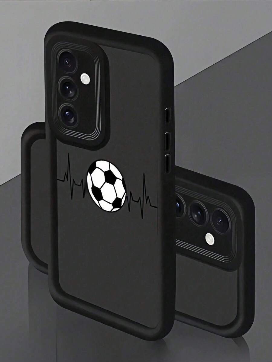 1个阶梯形边框多巴胺可爱2D足球图案手机壳，兼容苹果11/12/13/14/15/16/17 Pro Max，全包防震保护套，简约设计，柔软可爱卡通风格，完美保护您的手机，也兼容三星A55/54/53/52/51、S25/24/23/22/21系列 - 黑色 - 查看 1