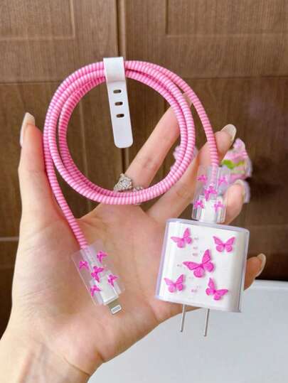 5pcs Hot Pink Butterfly Print 20W/18W Charger Accessory Set, Includes Charging Cable Protector, Charging Head Protector, Compatible With IPhone 11 12 13 14 15 16 17, Great Gift For Friends, Teenage Girls, Protective Accessories