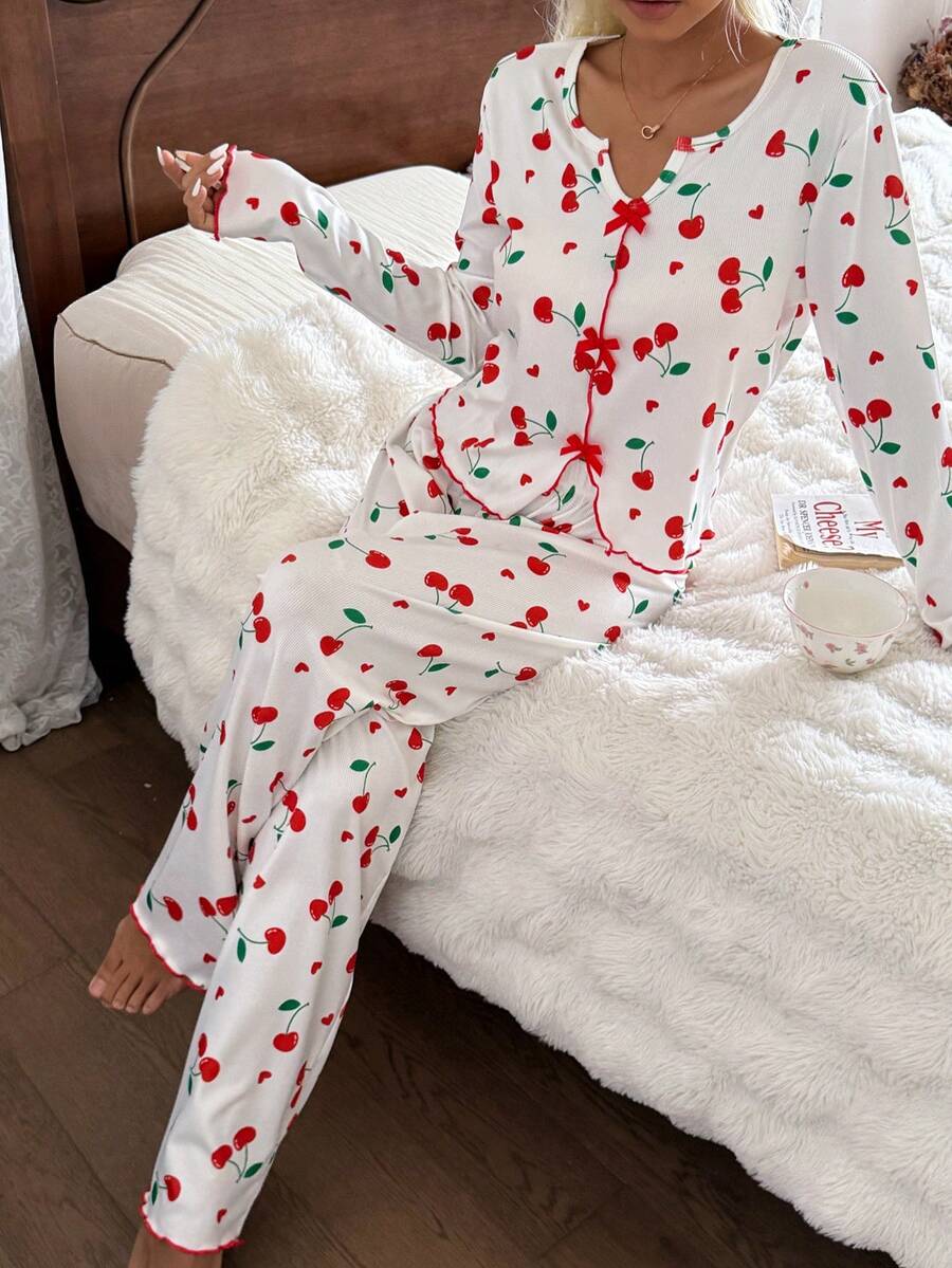 Spring & Autumn New Sweet Cherry Blossom Long Sleeve Pajama Set, Bow Tie Design + Ruffle Trim, Loose Breathable Sleepwear, Girly Home Outfit - White - View 1