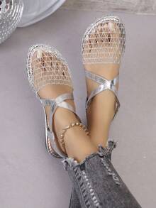 女士银色网眼套脚凉鞋，新款露趾时尚软底平底拖鞋，休闲夏季鞋 - 銀色 - 查看 4