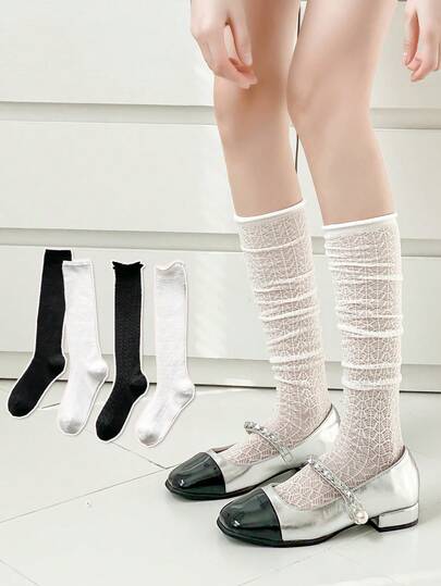 1 par de calcetines hasta la rodilla para mujer, calcetines delgados en blanco y negro adelgazantes para las piernas para primavera/verano, uso versátil con faldas