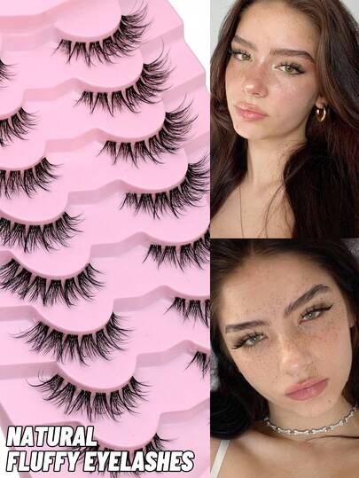  GROINNEYA 8对假睫毛 猫眼假睫毛 柔软透明带 奢华睫毛延长 眼尾加长假睫毛 纤细仿貂毛假睫毛 自然妆效，适合日常、夜店、工作场合，女生专用条状假睫毛