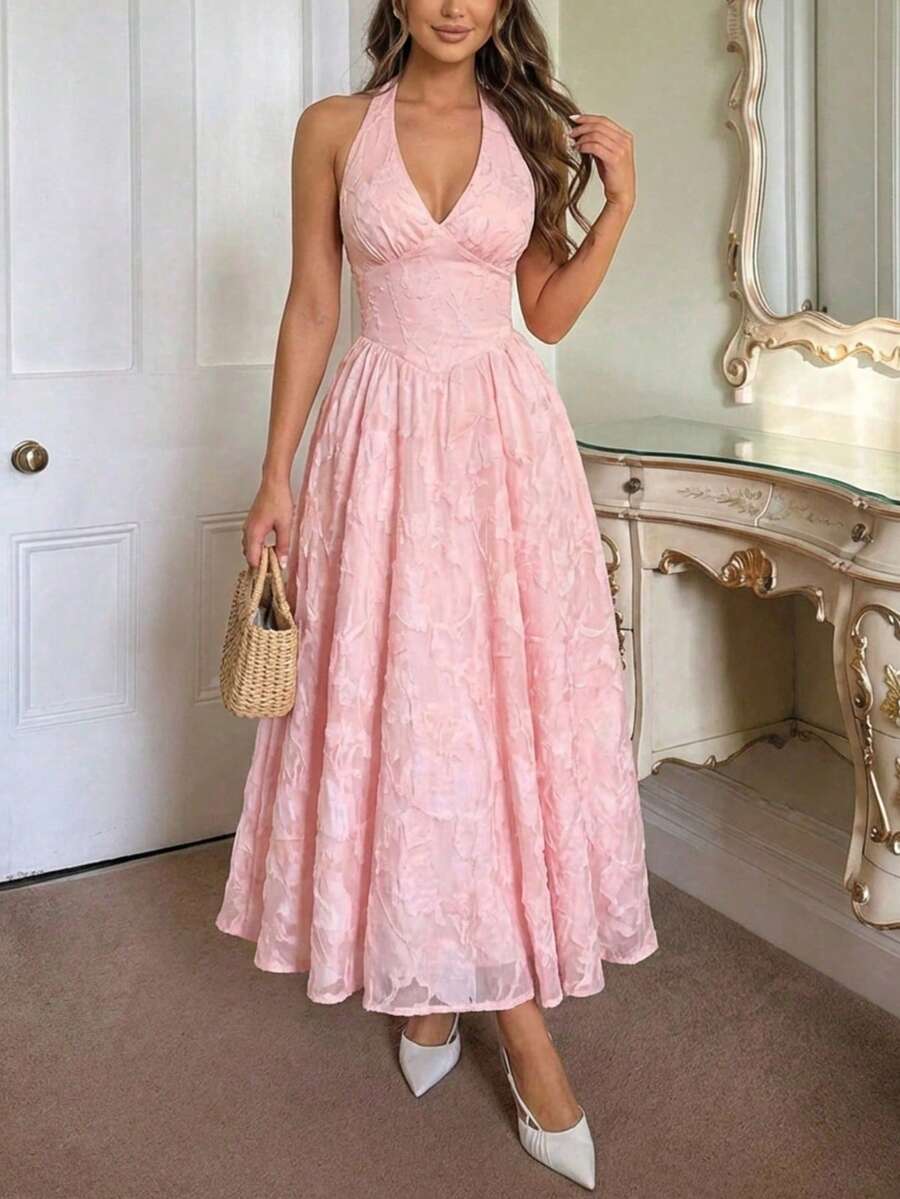 Perirose Vestido de mujer elegante de jacquard rosa con tirantes finos, escote en V profundo, cintura fruncida y largo medio. Vestido sin mangas de moda, atuendo romántico de verano - Rosa - Ver 1