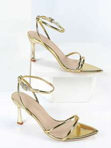 Women's Summer Gold Thin High Heel Strappy Sandals, Pointed Toe Adjustable Ankle Strap High Heel Sandals, Elegant Bohemian Style Dress Shoes, Suitable For Vacation, Party, Prom, Wedding And Other Occasions - Gold - View 7