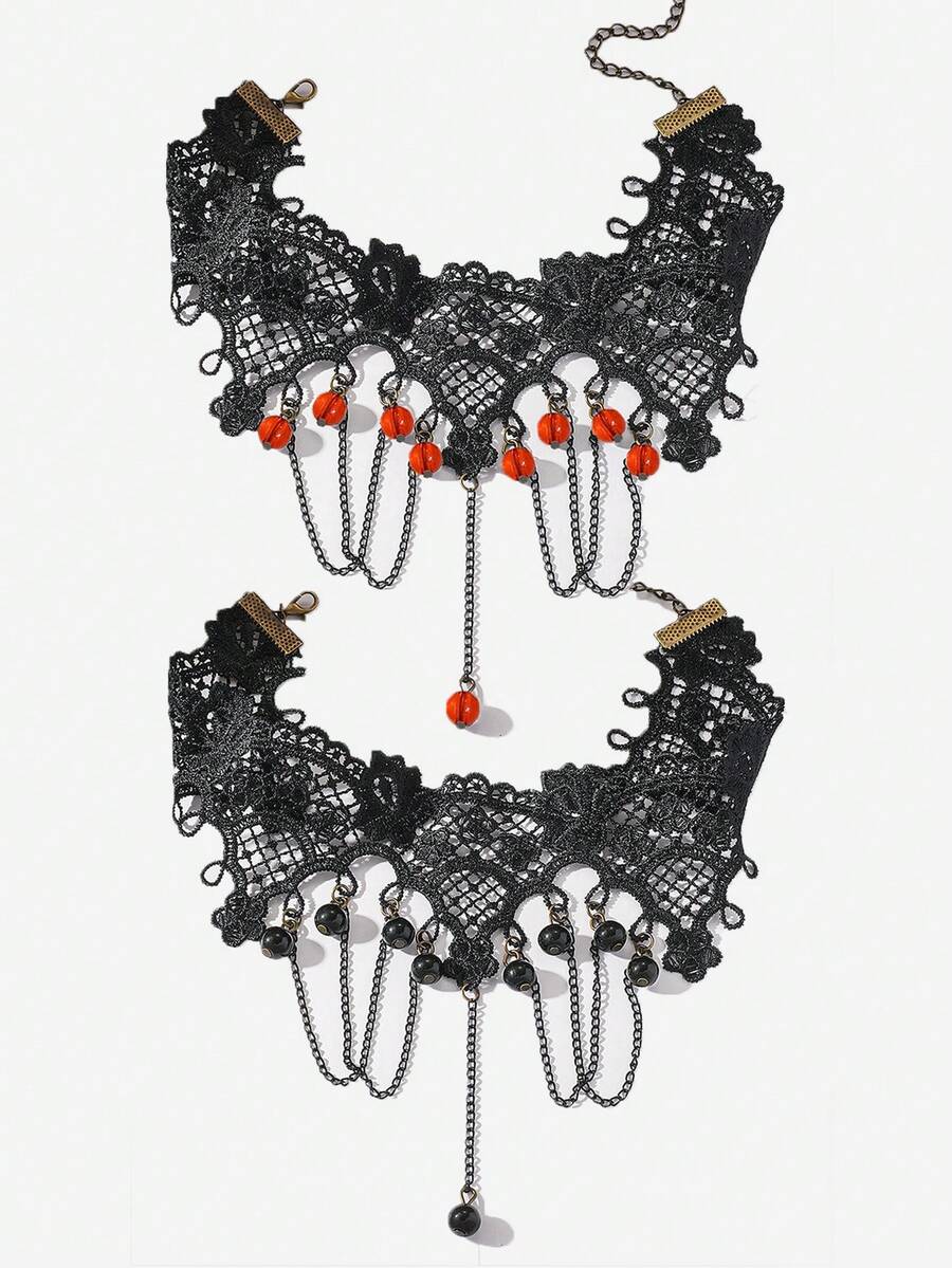 1pc Gothic Style Choker Necklace, Dark Tassel Chain, Lace Collar Necklace For Halloween Party - Multicolor - View 1