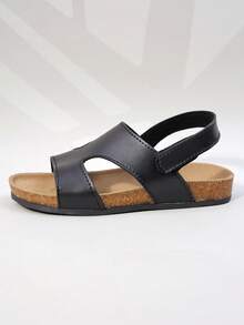 1 Pair Kids' Minimalist Faux Leather Soft Wood Sole Non-Slip Open Toe Hook And Loop Flat Sandals, Versatile Beach Holiday - Black - View 3