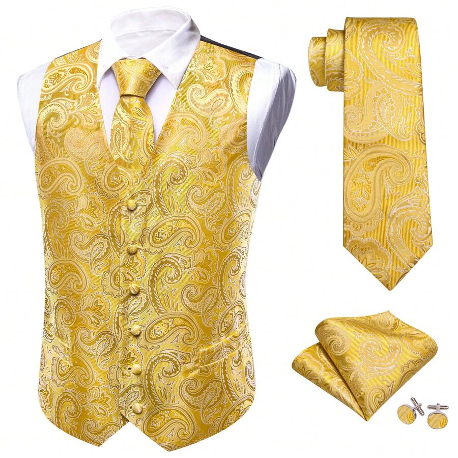 S M L Mens Waistcoat Yellow Golden Paisley Vest Suit Tie And Pocket Square Cufflinks Tuxedo Gilet Elgant Banquent - 黃色 - 查看 1