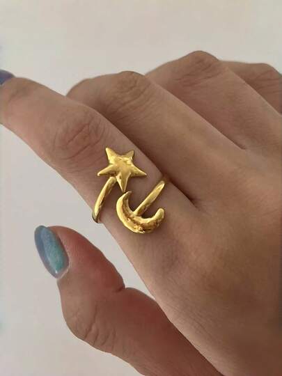 1pc Women's Minimalist Open Star & Moon Ring, Dreamy 3D Star & Moon Design, Sweet & Chic Style Ring, Suitable For Vacation Outfits And Daily Wear Delicate Jewelry