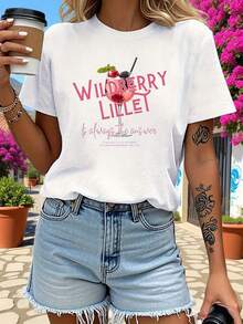 WILDBERRY T Tipsy Style: Wild Berry Lilaai Wine Pattern Print T-Shirt, Spring/Summer Short Sleeve Round Neck Casual Tops - White - View 2