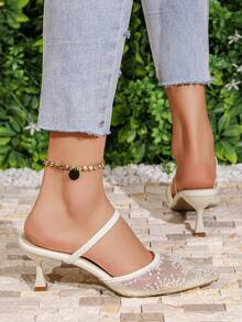 Women's Embroidered Pointed Toe Mesh Floral Open Toe High Heel Pearl Slip-On Backless Bridal Wedding Sandals - White - View 6