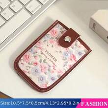 Vintage Floral Pattern Pull-Out Multi-Card Slot ID Holder, Large-Capacity Compact Ultra-Thin Synthetic Leather Card Case With Snap Closure - Camellia In Full Bloom - View 1