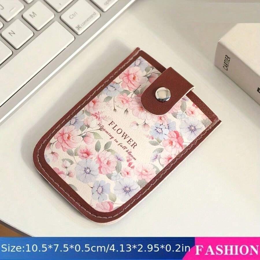 Vintage Floral Pattern Pull-Out Multi-Card Slot ID Holder, Large-Capacity Compact Ultra-Thin Synthetic Leather Card Case With Snap Closure - Camellia In Full Bloom - View 1