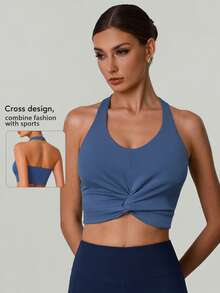 Women's Halter Neck Backless Sports Crop Top High Elasticity Sleeveless Yoga Vest With Removable Chest Pads - Blue - View 2