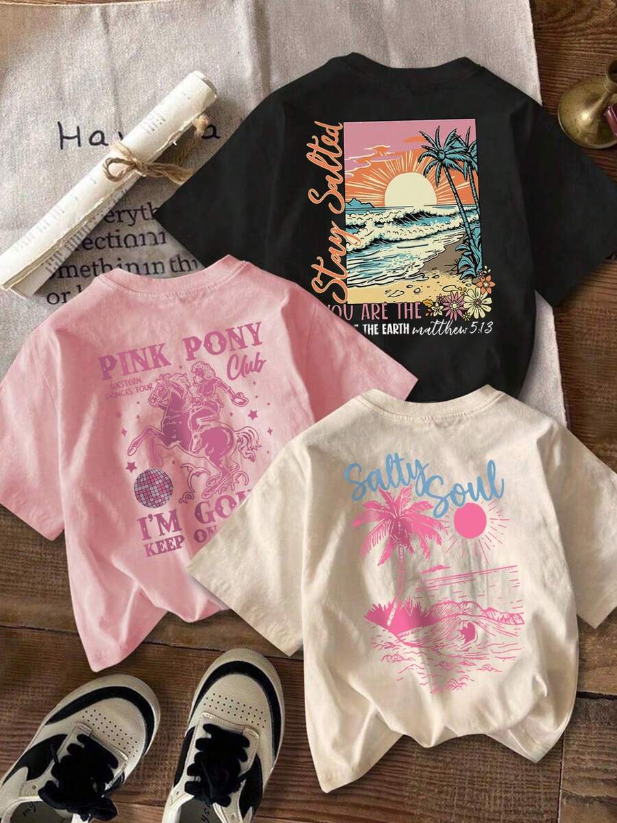 3 件套女孩青少年学生休闲徽标印花圆领短袖 T 恤,夏季上衣 - 黑色 - 查看 1