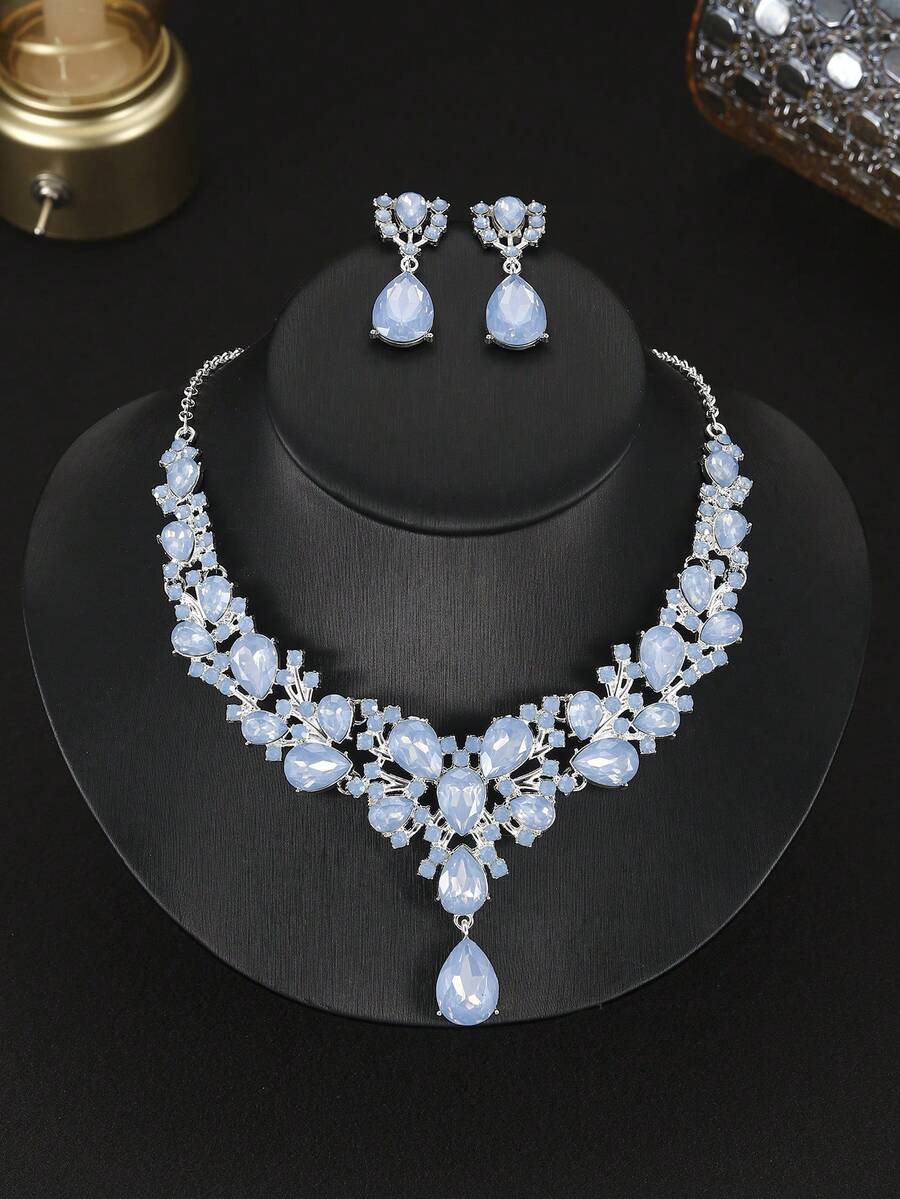 2pcs/Set Necklace & Earrings Water Drop Design Set, White AN082