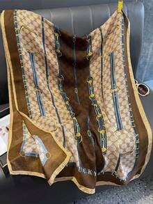 1pc Lucky Printed Scarf, Linen Material, Elegant Retro Jacquard Satin, Cashew Flower Long Scarf/Shawl - Caramel Chain - View 2