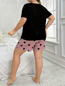 Bộ đồ ngủ 2 món in chữ tối giản, áo tay ngắn và quần short, đồ mặc nhà thoải mái thường ngày dành cho phụ nữ cỡ lớn, màu hồng. - màu đen - Xem 2
